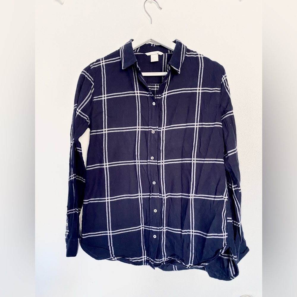 H&M Dark Blue Plaid Button-Up Blouse